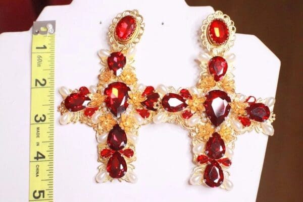 SOLD! 7979 Alta Moda Baroque Huge Filigree Red Hearts Crystal Cross Studs - Image 6