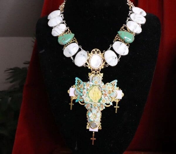 SOLD! 7984 Baroque Jesus Genuine Jasper Turquoise Mother Of Pearls Huge Cross Necklace - Image 3