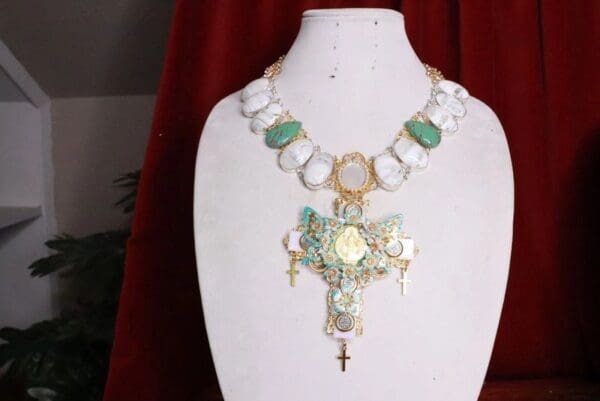 SOLD! 7984 Baroque Jesus Genuine Jasper Turquoise Mother Of Pearls Huge Cross Necklace - Image 5