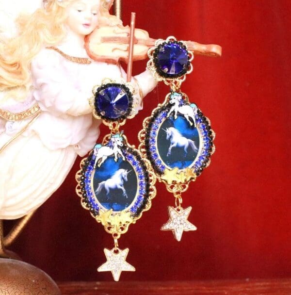 SOLD! 7998 Celestial Unicorn Stars Dark Blue Cameo Studs - Image 2