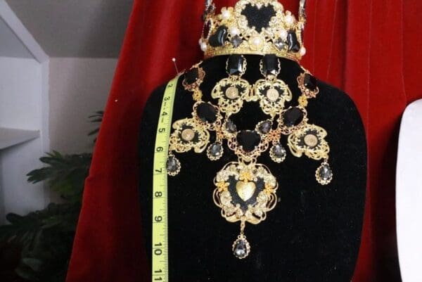 SOLD! 8012 Set Of Baroque Sacred Heart Black Statement Necklace+ Earrings - Image 3