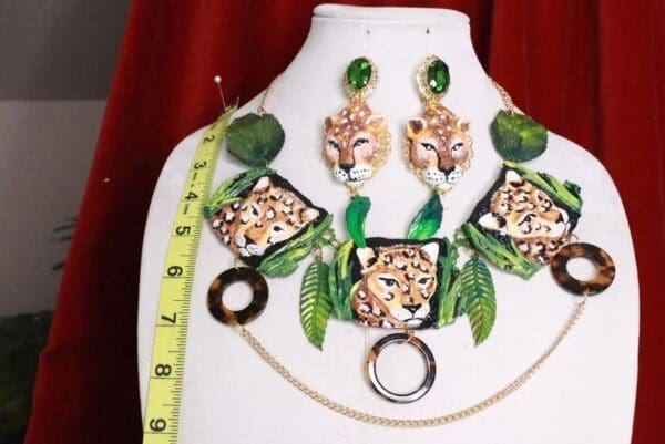 SOLD! 8013 Baroque 3 Leopards Jungle Hand Painted Bib Necklace - Image 5