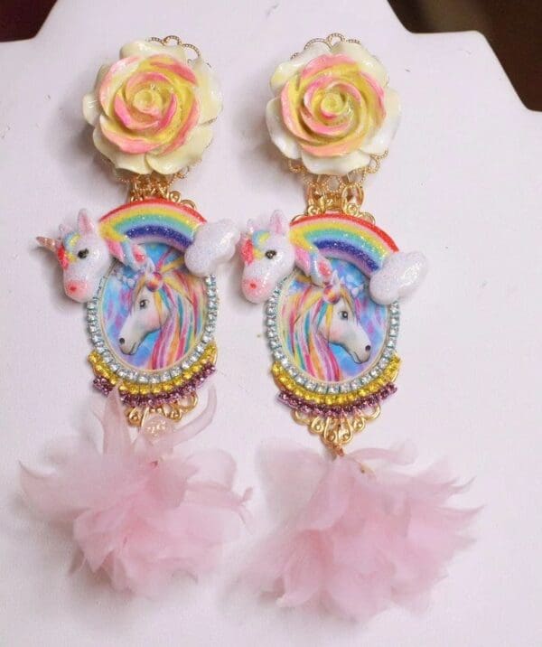 SOLD! 8016 Unicorn Rainbow Roses Hand Painted Studs Earrings - Image 2