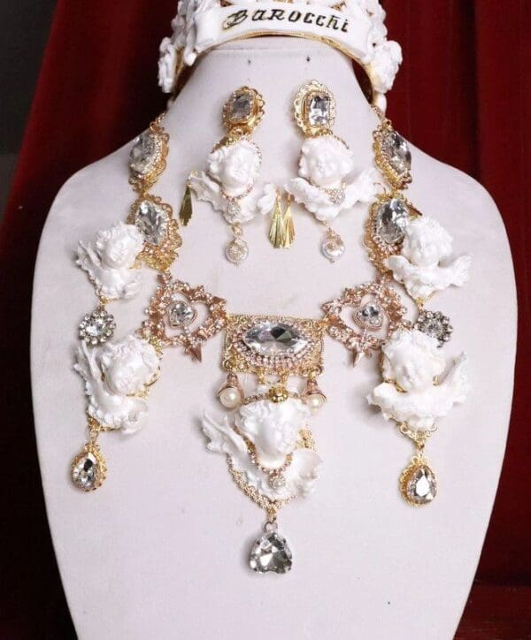 SOLD! 8018 Baroque White Chubby 5 Cherubs Angels Clear Crystal Necklace - Image 2