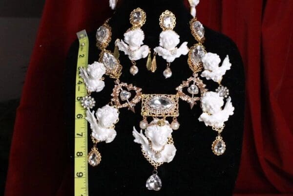 SOLD! 8018 Baroque White Chubby 5 Cherubs Angels Clear Crystal Necklace - Image 5