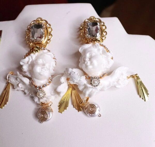 SOLD! 8019 Baroque White Large Chubby Cherubs Angels Dangle Earrings - Image 7