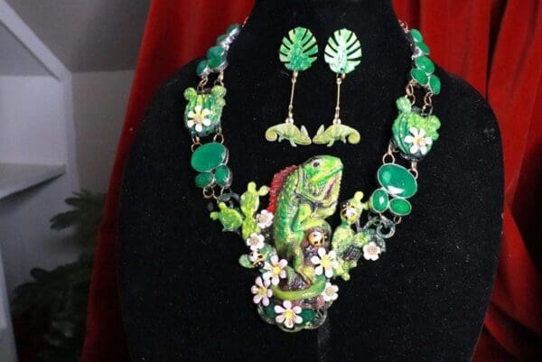 SOLD! 8020 Set Of Genuine Zambian Emerald Hand Painted Vivid Iguana Necklace+ Earrings - Image 3