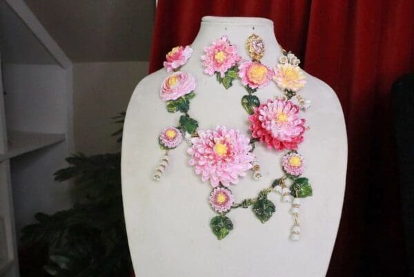 SOLD! 8035 Set Of Baroque Art Nouveau Vivid Asters Flowers Hand Painted Necklace + Earrings - Image 4