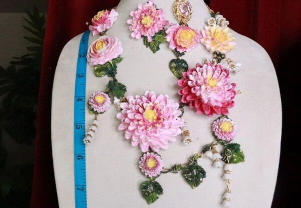 SOLD! 8035 Set Of Baroque Art Nouveau Vivid Asters Flowers Hand Painted Necklace + Earrings - Image 5
