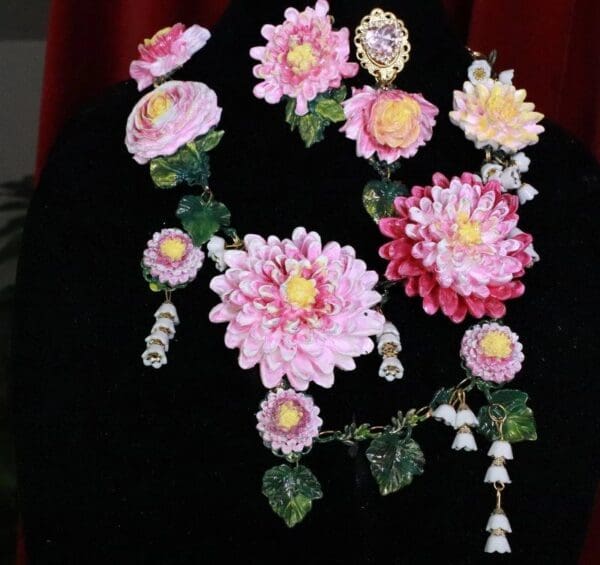 SOLD! 8035 Set Of Baroque Art Nouveau Vivid Asters Flowers Hand Painted Necklace + Earrings - Image 2