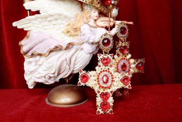 SOLD! 8036 Alta Moda Baroque Huge Filigree Red Hearts Crystal Cross Studs