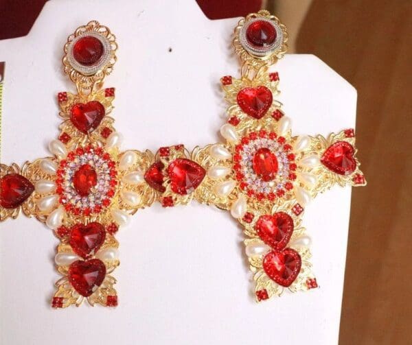 SOLD! 8036 Alta Moda Baroque Huge Filigree Red Hearts Crystal Cross Studs - Image 6