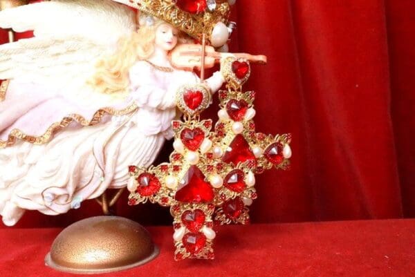 SOLD! 8037 Alta Moda Baroque Huge Filigree Red Hearts Crystal Cross Studs