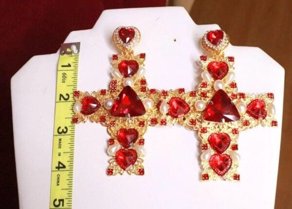 SOLD! 8037 Alta Moda Baroque Huge Filigree Red Hearts Crystal Cross Studs - Image 6