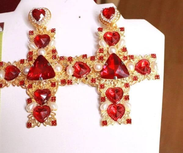SOLD! 8037 Alta Moda Baroque Huge Filigree Red Hearts Crystal Cross Studs - Image 7