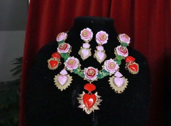 SOLD! 8038 Set Of Baroque Sacred Heart Roses Statement Necklace+ Earrings - Image 3