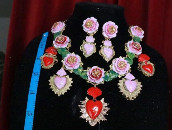 SOLD! 8038 Set Of Baroque Sacred Heart Roses Statement Necklace+ Earrings - Image 7