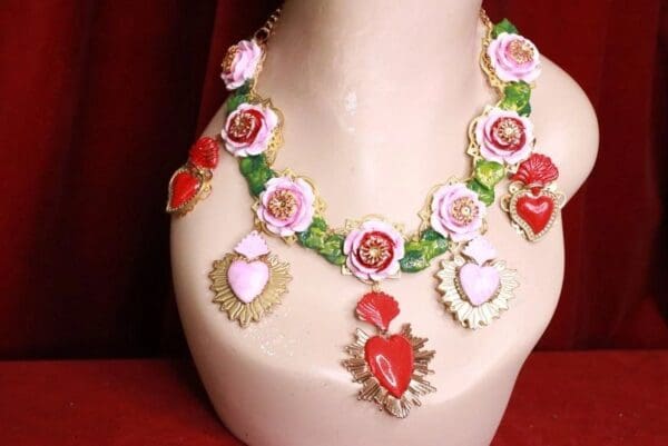 SOLD! 8038 Set Of Baroque Sacred Heart Roses Statement Necklace+ Earrings - Image 9