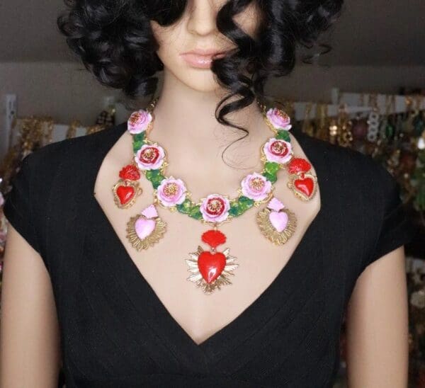 SOLD! 8038 Set Of Baroque Sacred Heart Roses Statement Necklace+ Earrings - Image 10