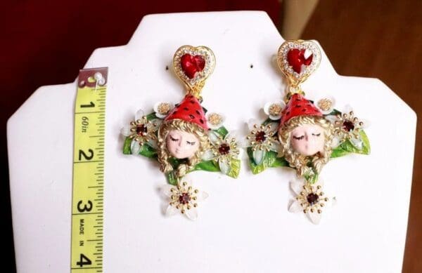 SOLD! 8040 Vivid Red Hood Forest Oak Hand Painted Studs Earrings - Image 4