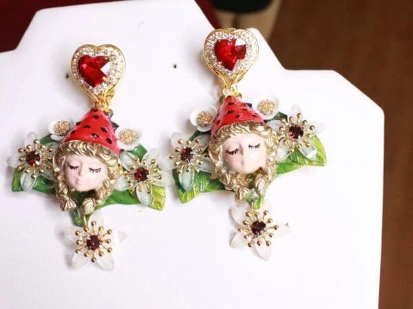 SOLD! 8040 Vivid Red Hood Forest Oak Hand Painted Studs Earrings - Image 5