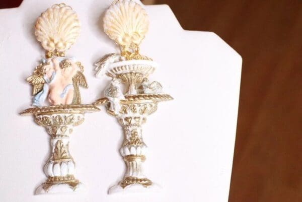 SOLD! 8044 Baroque Fountain Long Dove Cherubs Earrings Studs - Image 8