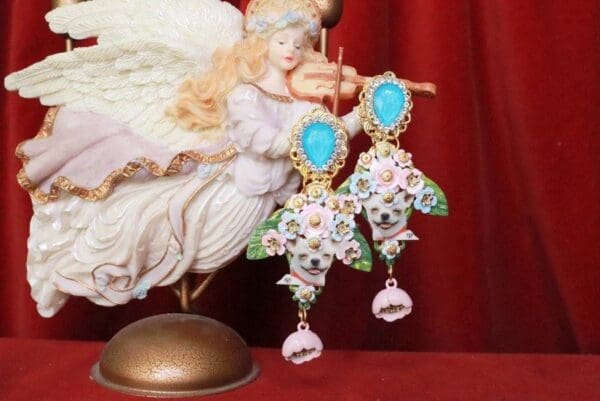 SOLD! 8045 Baroque Chihuahua Flowers Dangle Earrings Studs - Image 6