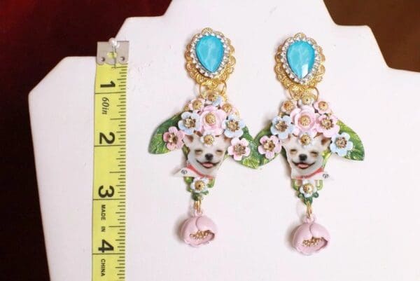 SOLD! 8045 Baroque Chihuahua Flowers Dangle Earrings Studs - Image 7