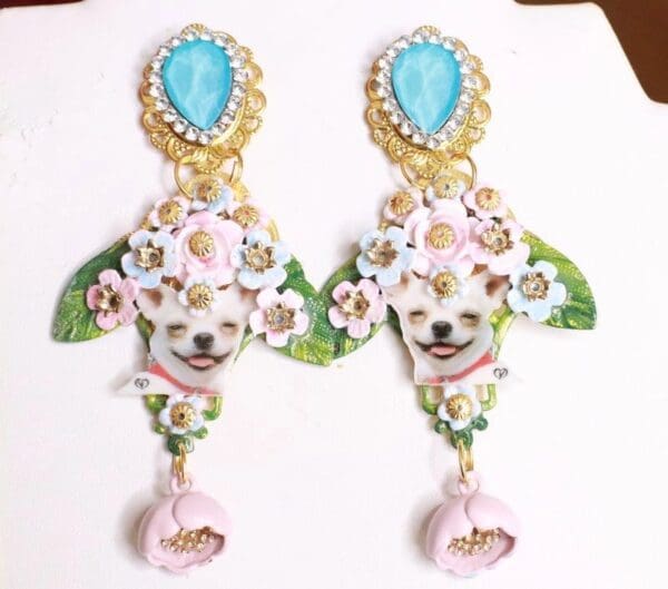 SOLD! 8045 Baroque Chihuahua Flowers Dangle Earrings Studs - Image 2