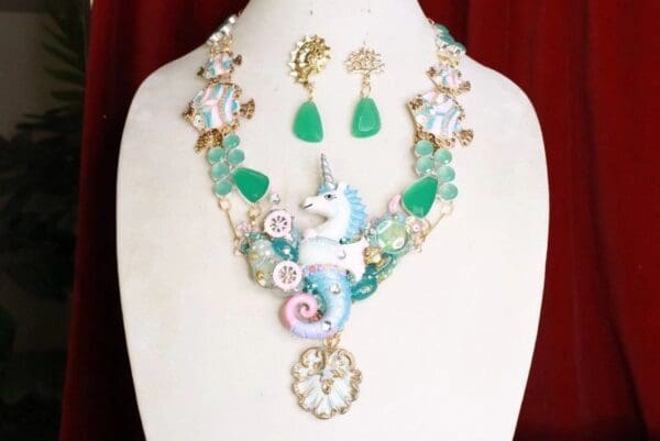 SOLD! 8047 Set Of Nautical Unicorn Sea Horse Genuine Chalcedony Necklace+ Earrings - Image 7