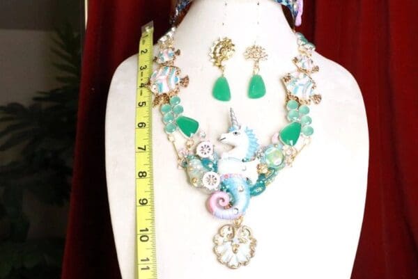 SOLD! 8047 Set Of Nautical Unicorn Sea Horse Genuine Chalcedony Necklace+ Earrings - Image 5
