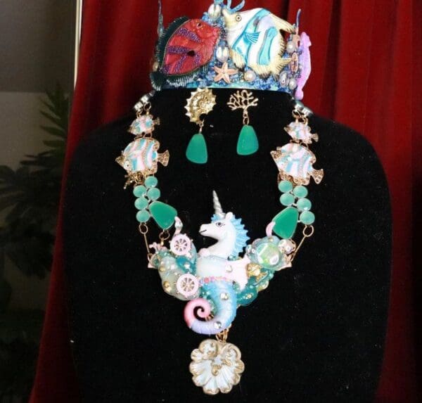 SOLD! 8047 Set Of Nautical Unicorn Sea Horse Genuine Chalcedony Necklace+ Earrings - Image 2