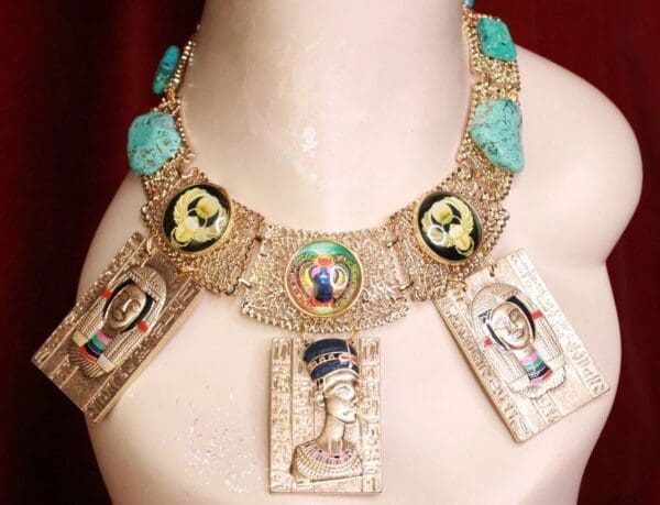 SOLD! 8052 Egyptian Revival Genuine Turquoise 3D Effect Statement Huge Necklace - Image 6