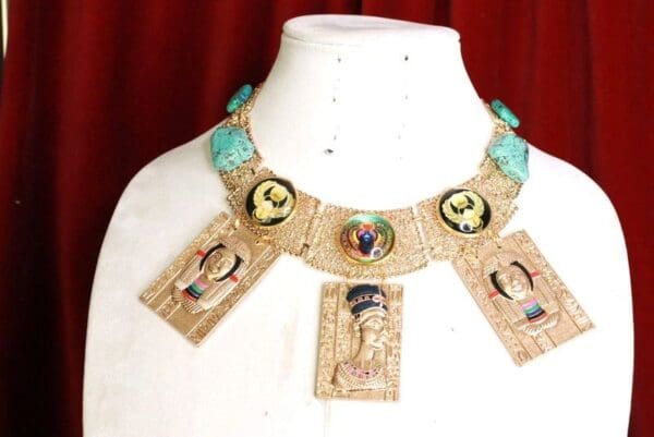 SOLD! 8052 Egyptian Revival Genuine Turquoise 3D Effect Statement Huge Necklace - Image 7