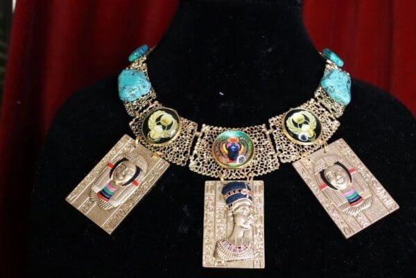 SOLD! 8052 Egyptian Revival Genuine Turquoise 3D Effect Statement Huge Necklace - Image 9