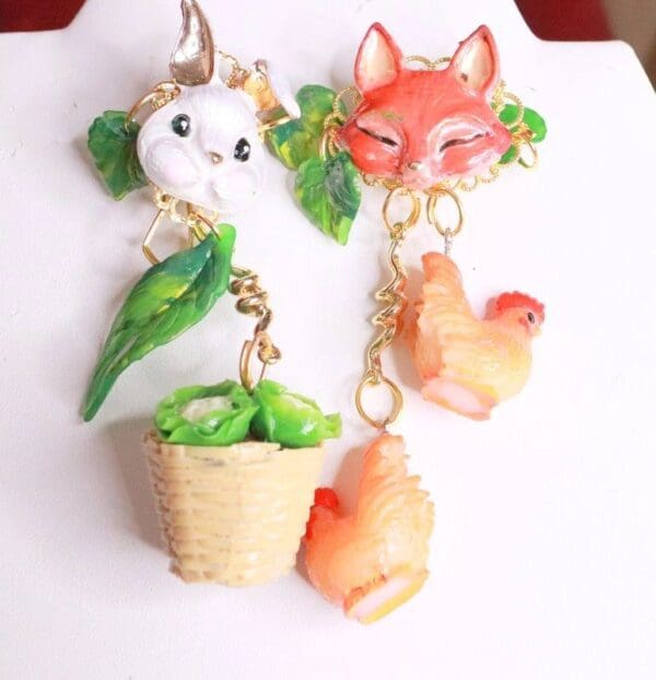 SOLD! 8062 Enamel Bunny Fox Cabbage Chicken Irregular Earrings Studs - Image 3