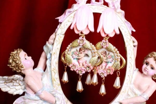 SOLD! 8063 Baroque Cherubs Tulip Pearl Dangle Earrings Studs