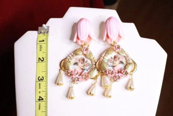 SOLD! 8063 Baroque Cherubs Tulip Pearl Dangle Earrings Studs - Image 4