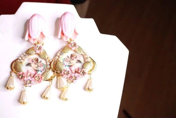 SOLD! 8063 Baroque Cherubs Tulip Pearl Dangle Earrings Studs - Image 5