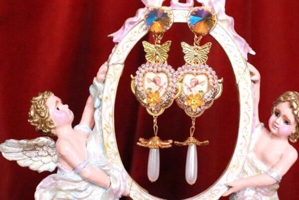 SOLD! 8064 Baroque Cherubs Tulip Pearl Dangle Butterfly Earrings Studs