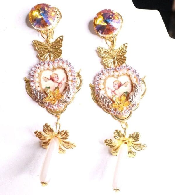 SOLD! 8064 Baroque Cherubs Tulip Pearl Dangle Butterfly Earrings Studs - Image 4