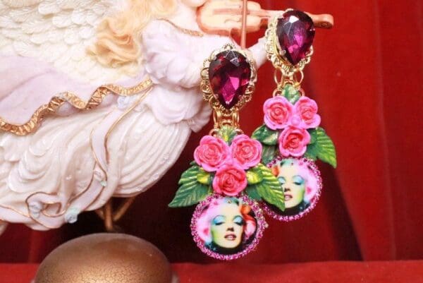 SOLD! 8066 Marilyn Monroe Fuchsia Roses Earrings Studs