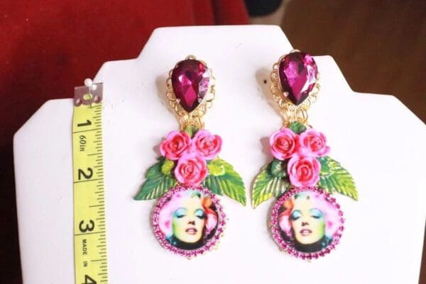 SOLD! 8066 Marilyn Monroe Fuchsia Roses Earrings Studs - Image 2