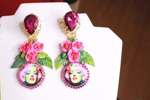 SOLD! 8066 Marilyn Monroe Fuchsia Roses Earrings Studs - Image 3