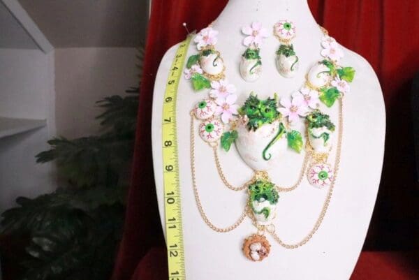 SOLD! 8070 Set Of Baby Dragon's Eggs Flower Hand Painted Necklace+ Earrings - Image 3