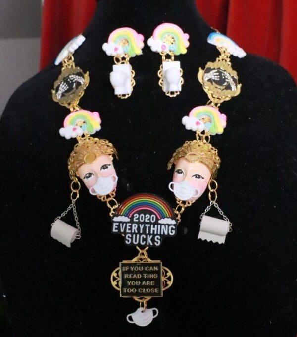 SOLD! 8071 Set Of Enamel Everything Sucks 2020 Unusual Necklace+ Earrings - Image 2