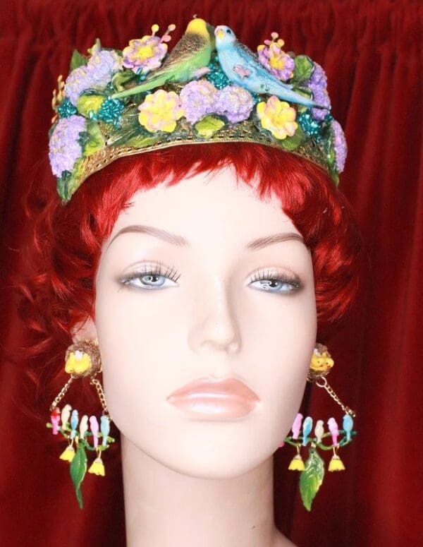 SOLD! 8075 Enamel Hand Painted Birds Dangle Flowers Massive Statement Earrings - Image 5