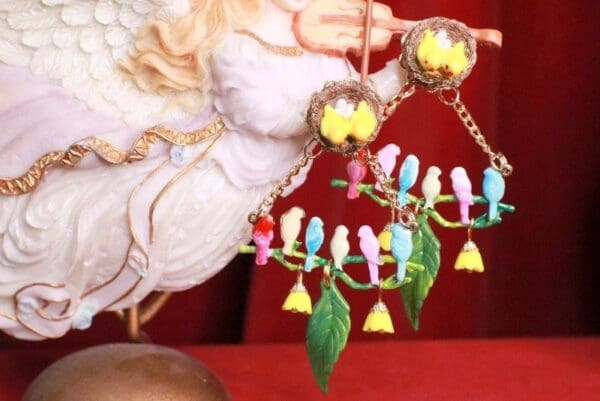 SOLD! 8075 Enamel Hand Painted Birds Dangle Flowers Massive Statement Earrings - Image 6