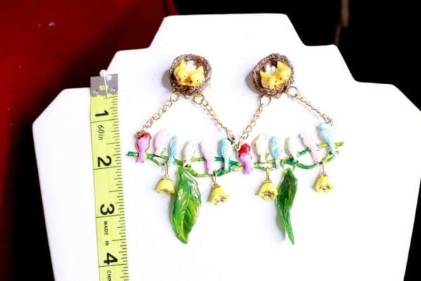 SOLD! 8075 Enamel Hand Painted Birds Dangle Flowers Massive Statement Earrings - Image 7