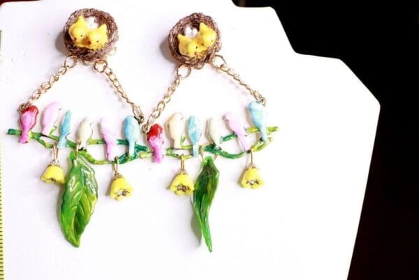 SOLD! 8075 Enamel Hand Painted Birds Dangle Flowers Massive Statement Earrings - Image 8